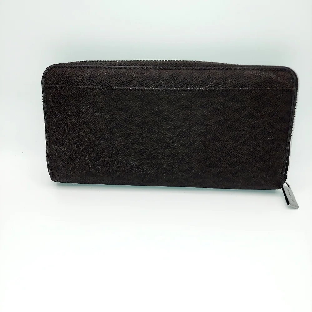 Michael Kors Black Brown Logo Canvas Zip Around Wallet VGC!